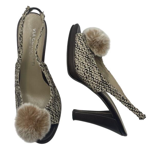 Via Condotti Shoes - VIA CONDOTTI Size 6.5 Slingback High Heels Brown Tweed Fabric Upper Leather Sole